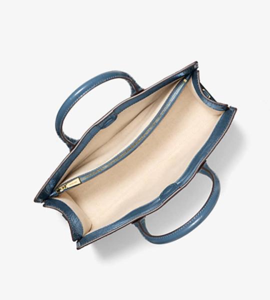 Blue Scarlett Medium Crocodile Embossed Patent Leather Satchel